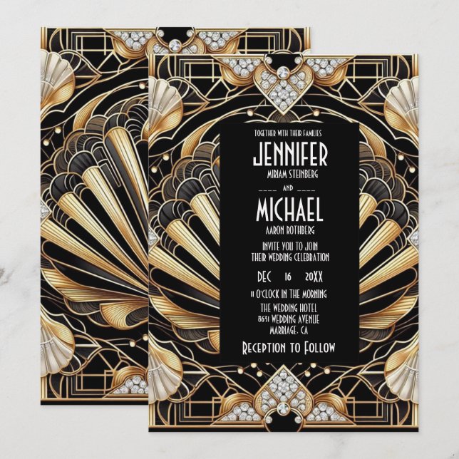 Invitación Art Deco Black & Gold Diamond Wedding Invitations (Anverso / Reverso)