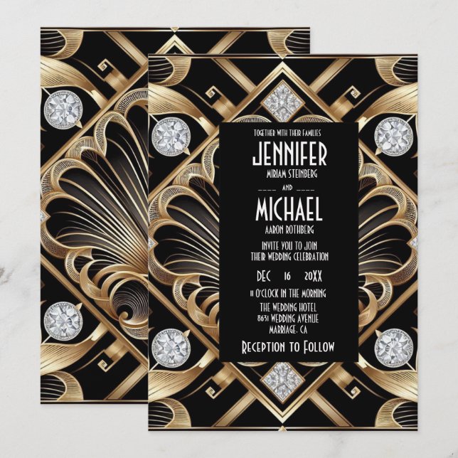 Invitación Art Deco Black & Gold Diamond Wedding Invitations (Anverso / Reverso)
