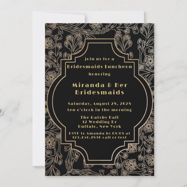 Invitación Art Deco Black Gold Flor Bridesmaids Luncheon (Anverso)