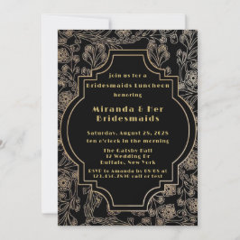 Invitación Art Deco Black Gold Flor Bridesmaids Luncheon