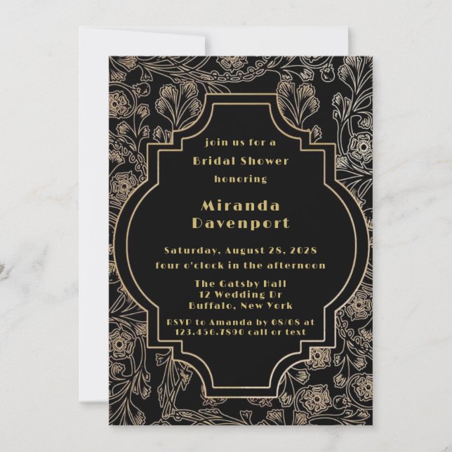 Invitación Art Deco Black Gold Flower Bridal Shower (Anverso)