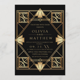 Invitación Art Deco Black Gold Frame Wedding