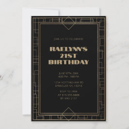 Invitación Art Deco Black Gold Geometric Birday Party