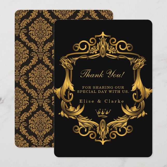 Invitación Art Deco Black Gold Royal Boda Gracias Cartas (Anverso / Reverso)