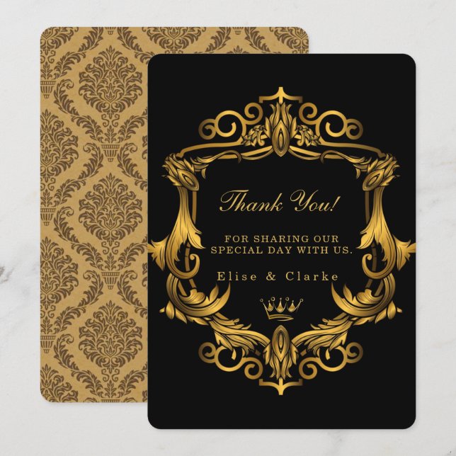 Invitación Art Deco Black Gold Royal Boda Gracias Cartas (Anverso / Reverso)