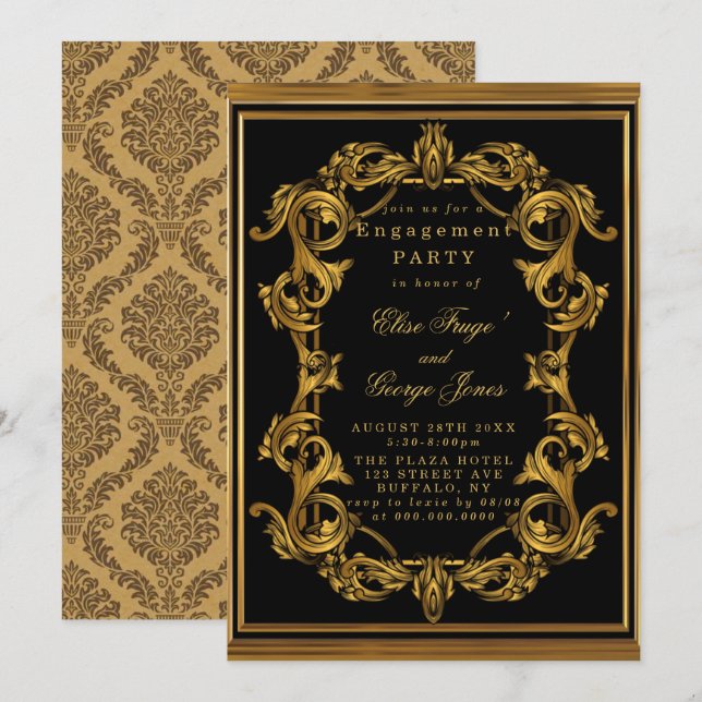 Invitación Art Deco Black Gold Royal Engagement Party Invita (Anverso / Reverso)
