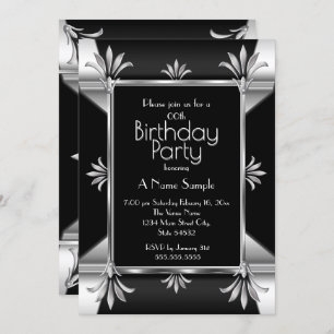 Invitación Art Deco Black Silver Chrome fiesta de cumpleaños
