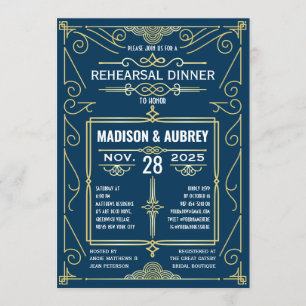 Invitación Art Deco Boda Clásico Oro Azul Cena