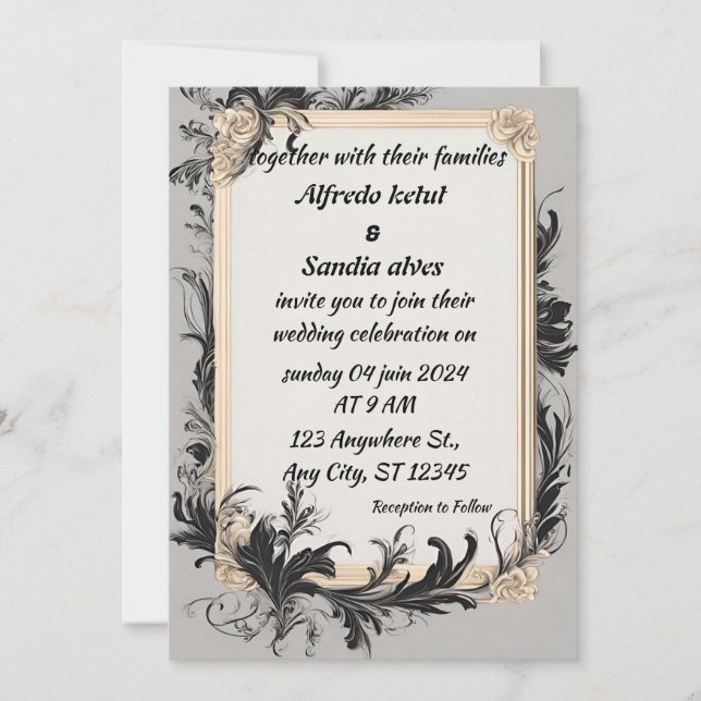 Invitación Art Deco Boda Diamante negro y Relieve metalizado  (Anverso)