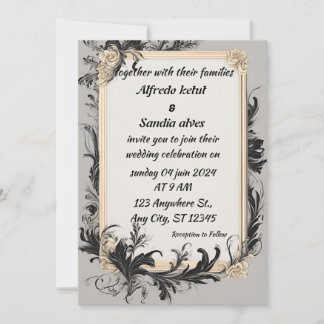 Invitación Art Deco Boda Diamante negro y Relieve metalizado 