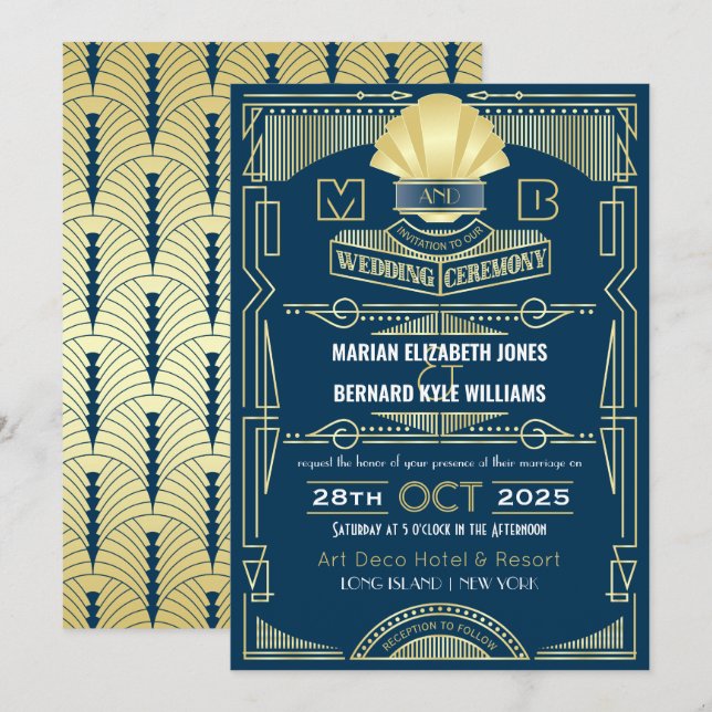 Invitación Art Deco Boda Elegante Oro Azul Gran Gatsby (Anverso / Reverso)