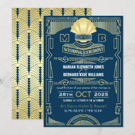 Invitación Art Deco Boda Elegante Oro Azul Gran Gatsby
