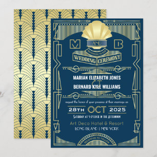 Invitación Art Deco Boda Elegante Oro Azul Gran Gatsby