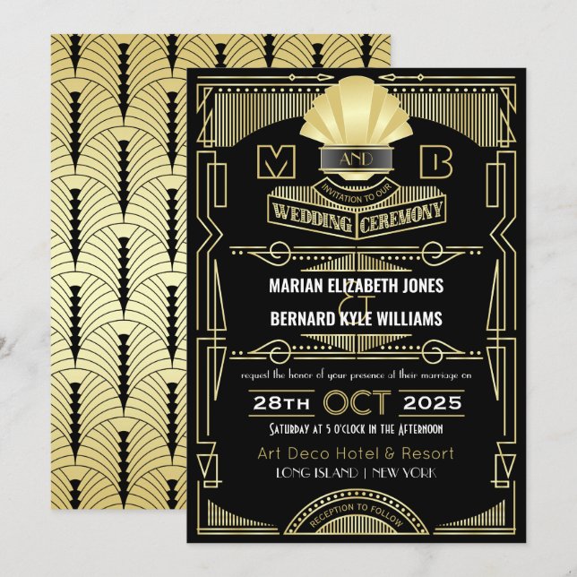 Invitación Art Deco Boda Elegante Oro Negro Gran Gatsby (Anverso / Reverso)
