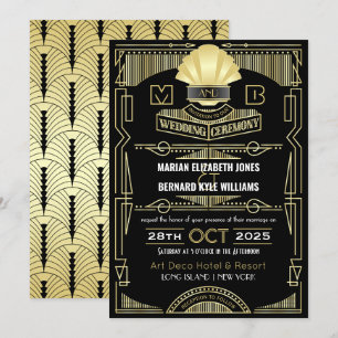 Invitación Art Deco Boda Elegante Oro Negro Gran Gatsby