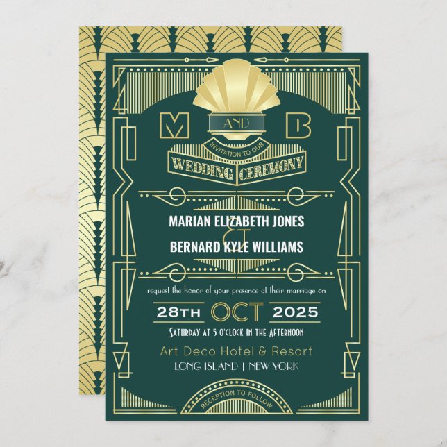 Invitación Art Deco Boda Elegante Oro Verde Gran Gatsby (Anverso / Reverso)