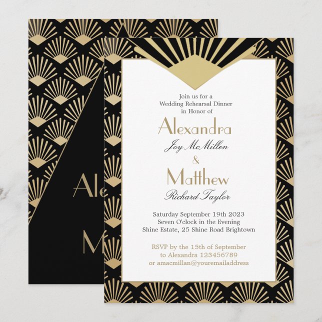 Invitación Art Deco Boda Ensayo Cena Dorado Negro (Anverso / Reverso)