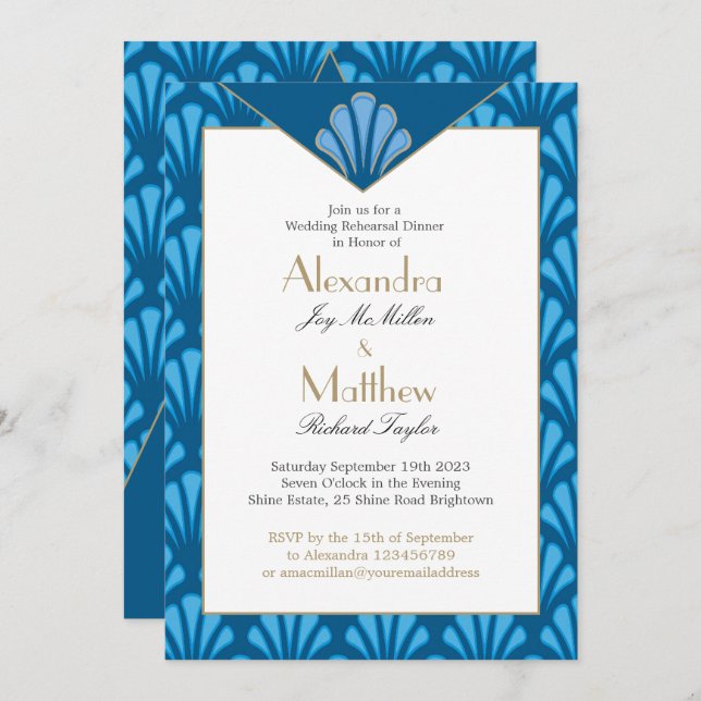 Invitación Art Deco Boda Ensayo Cena Vintage Azul (Anverso / Reverso)