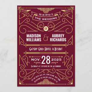Invitación Art Deco Boda Gatsby Elegante Oro Borgoña