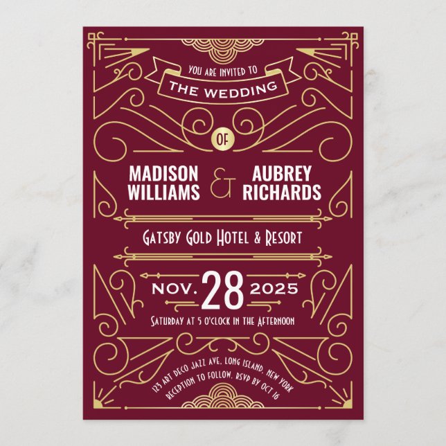 Invitación Art Deco Boda Gatsby Elegante Oro Borgoña (Anverso)