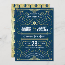 Invitación Art Deco Boda Gran Gatsby Elegante Oro Azul