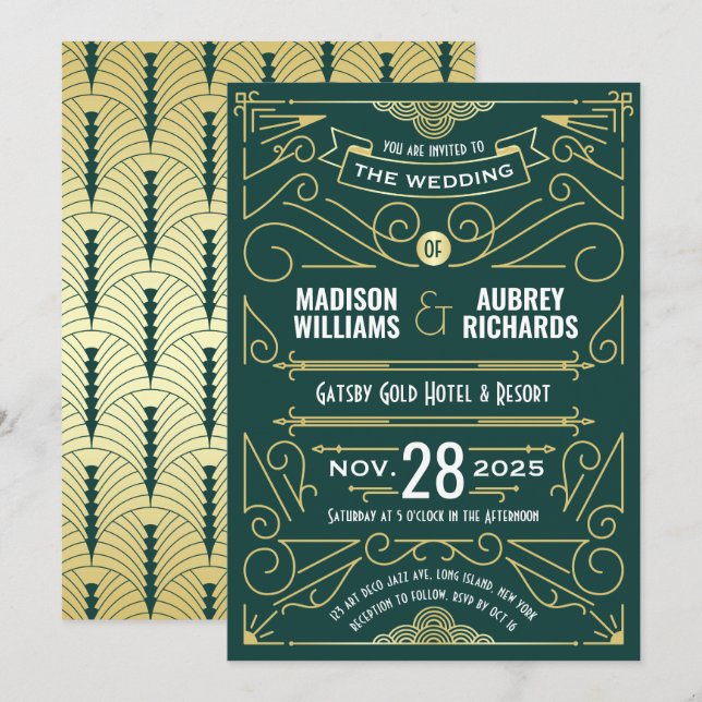 Invitación Art Deco Boda Gran Gatsby Elegante Oro Verde (Anverso / Reverso)