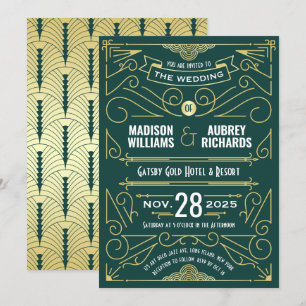 Invitación Art Deco Boda Gran Gatsby Elegante Oro Verde