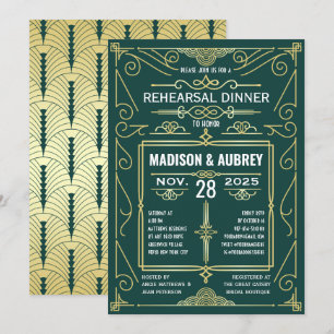 Invitación Art Deco Boda Oro Ensayo Verde Oscuro Cena