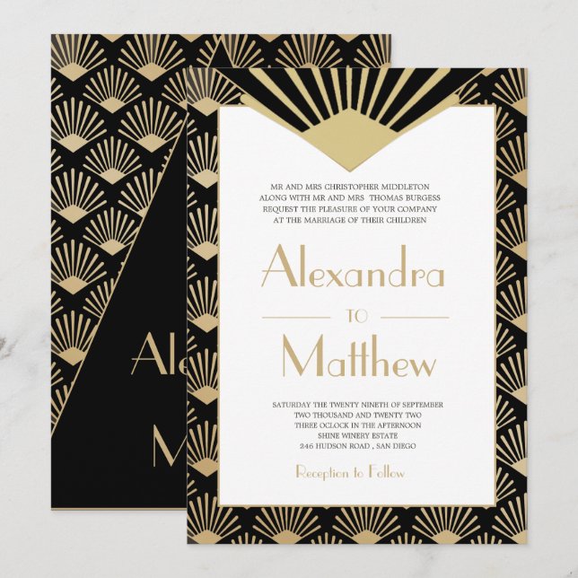 Invitación Art Deco Boda Oro Negro 20 años (Anverso / Reverso)