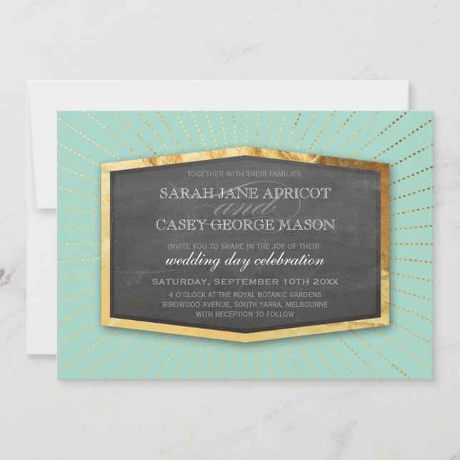 Invitación ART DECO BODA oro quemadura de sol gris menta verd (Anverso)