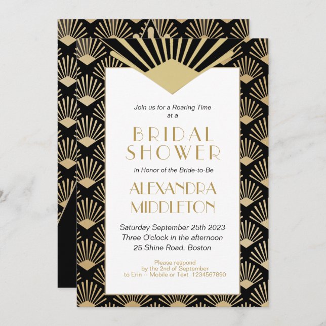 Invitación Art Deco Bridal Shower Black Gold Vintage (Anverso / Reverso)