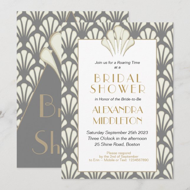 Invitación Art Deco Bridal Shower Gray Gold Vintage (Anverso / Reverso)