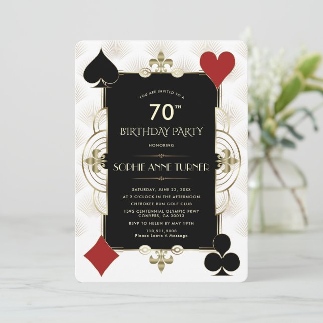Invitación Art Deco Casino Royale Poker Mujer 70 cumpleaños (Anverso de pie)