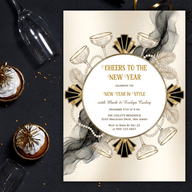 Invitación Art Deco Champagne & Pearls Cheers to the New Year (Cheers to the New Year – Art Deco Champagne & Pearl Wreath, Black & Gold, Personalized)