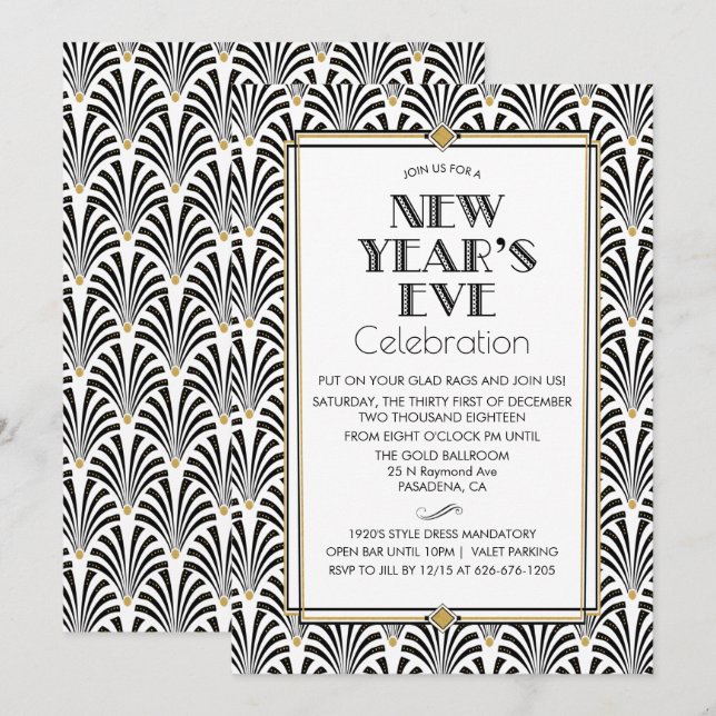 invitación Art Déco de Gatsby para Nochevieja (Anverso / Reverso)