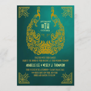 Invitación Art déco de los años 20 del pavo real que casa la