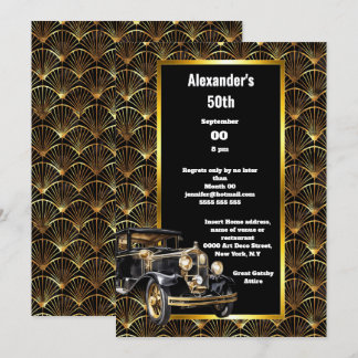 Invitación Art deco dodge automobarca dorado patrón negro