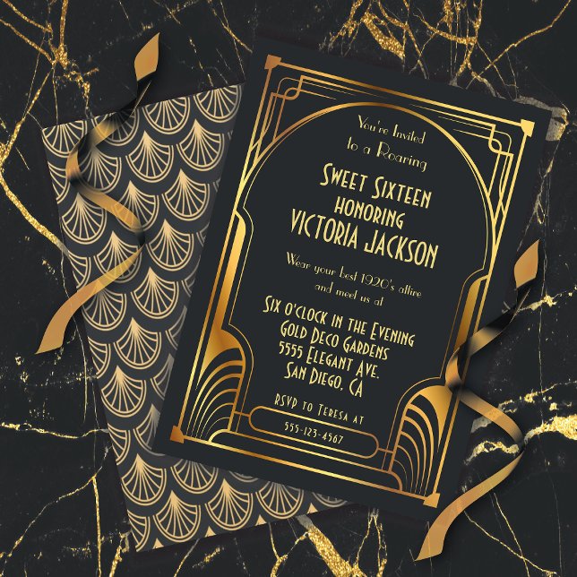 Invitación Art Deco Dulce Dieciséis Cumpleaños Fiesta Oro y N (Subido por el creador)