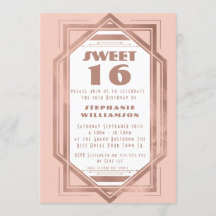 Invitación Art Deco Dulces 16 Rosa Dorado y Rosa Blush Gatsby