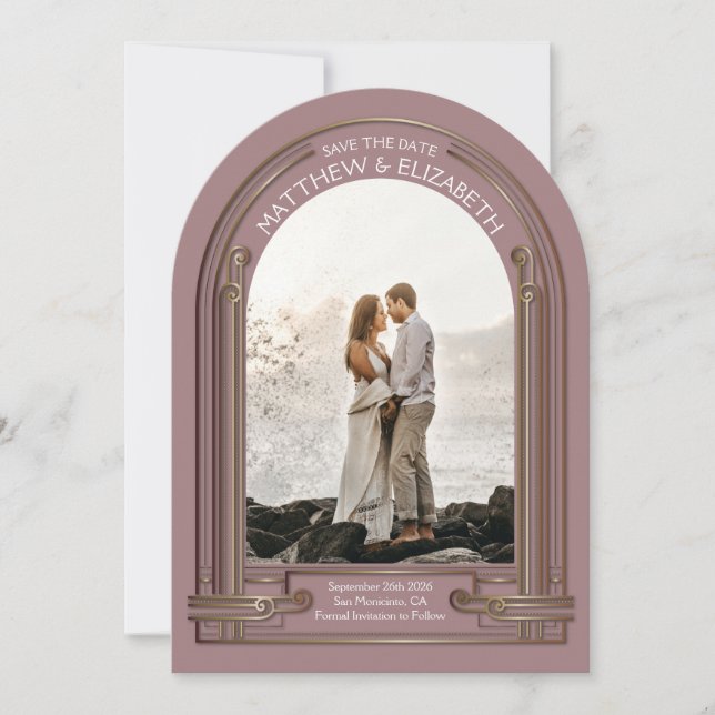 Invitación Art Deco Dusty Rose Bronze Arch Save the Date (Anverso)