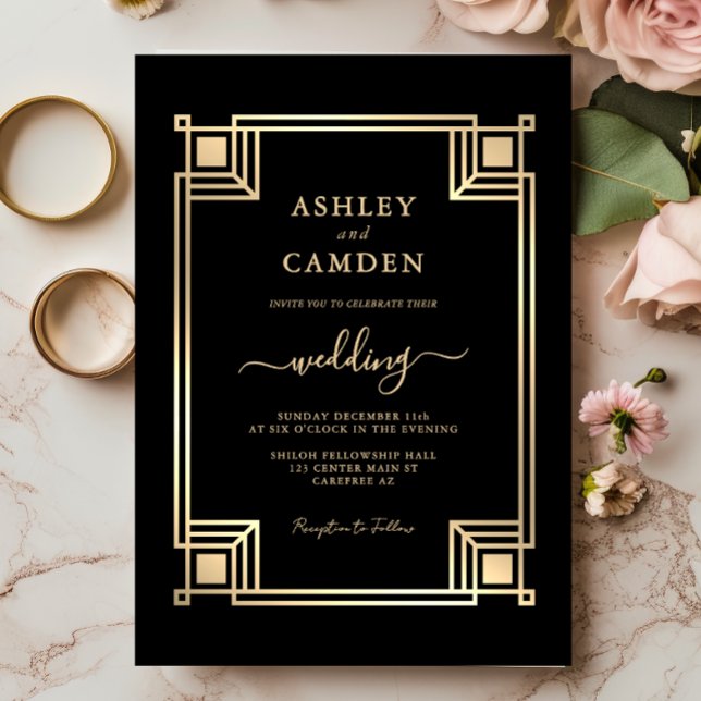 Invitación Art Deco Elegant Gold Frame Black Wedding (Subido por el creador)