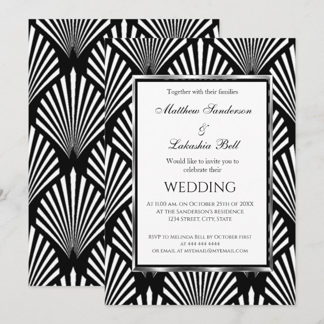 Invitación Art Deco Elegante Boda Blanco Blanco Blanco Negro  (Anverso / Reverso)