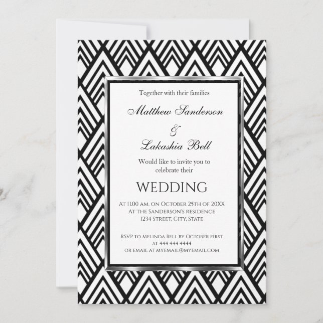 Invitación Art Deco Elegante Boda Geométrico Blanco Negro (Anverso)