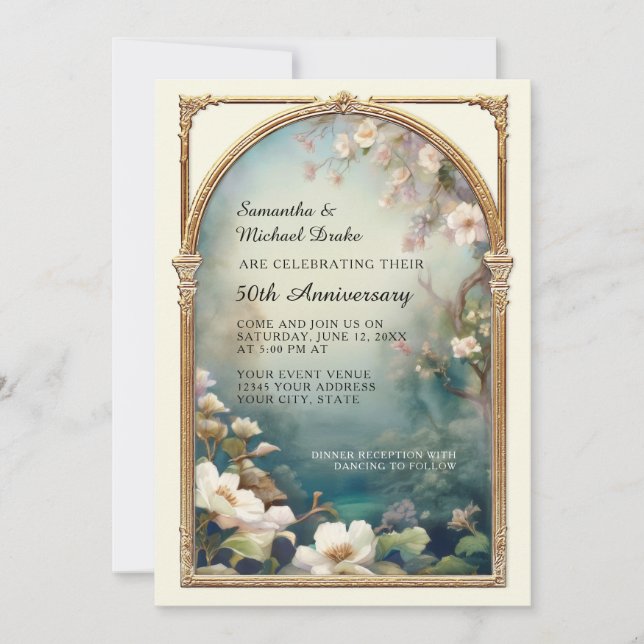 Invitación Art Deco Elegante Flor Oro Foto 50 Aniversario (Anverso)