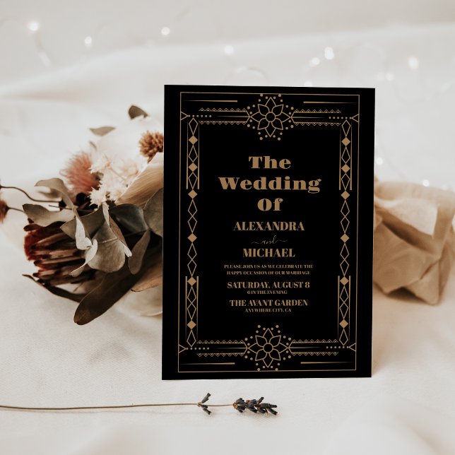 Invitación Art Deco Elegante Marco clásico dorado Boda negro (Subido por el creador)