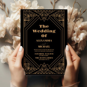 Invitación Art Deco Elegante Marco clásico dorado Boda negro