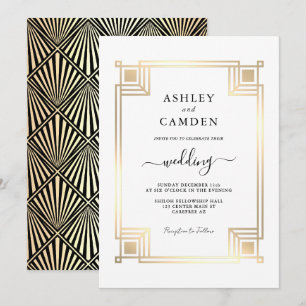 Invitación Art Deco Elegante Marco de Oro Boda Blanca