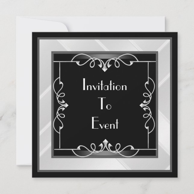Invitación Art Déco elegante negro plata blanco (Anverso)