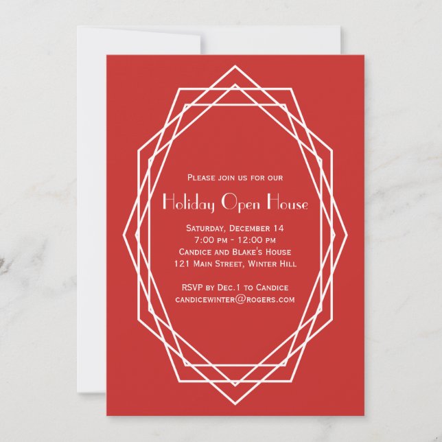 Invitación Art Deco Festividad Geométrica Casa Abierta Rojo (Anverso)