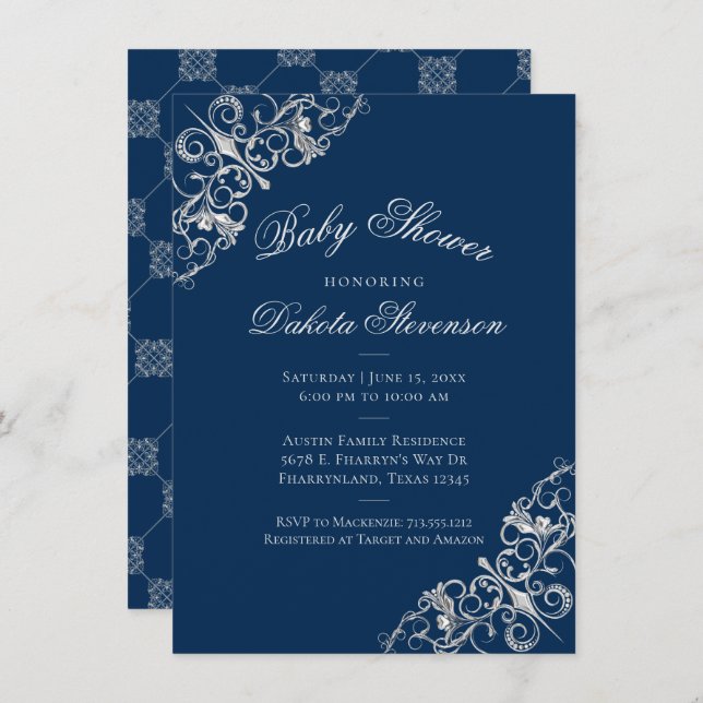 Invitación Art Deco Filigree | Baby Shower azul de la marina  (Anverso / Reverso)